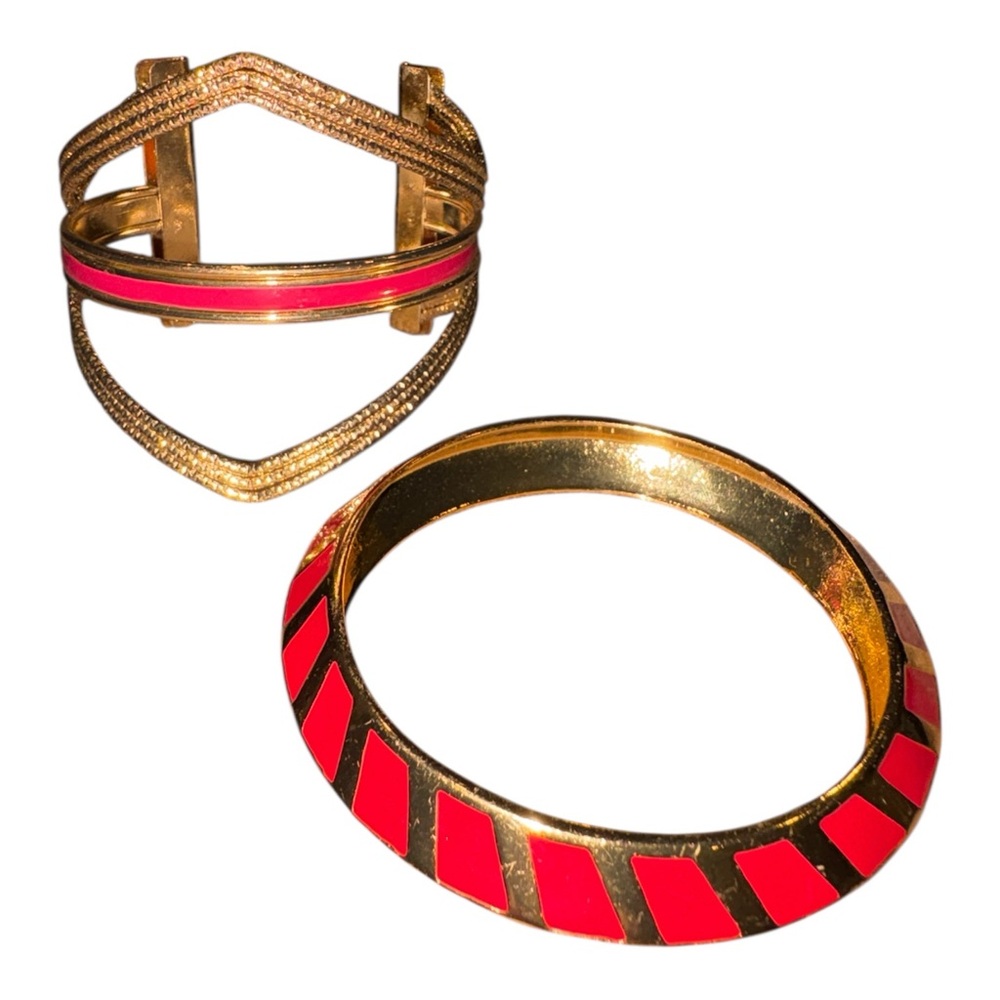 Gold Tone Enamel Bangle Bracelet Set Red Pink Geometric J27